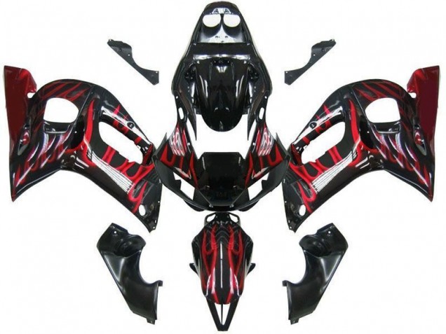 1998-2002 Black Red Flame Yamaha YZF R6 Replacement Fairings UK Factory 1998-2002 Black Red Flame Yamaha YZF R6 Replacement Fairings UK Factory
