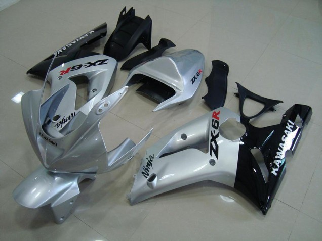 2003-2004 Silver Black Kawasaki ZX6R Motorcycle Fairing Kit UK Factory 2003-2004 Silver Black Kawasaki ZX6R Motorcycle Fairing Kit UK Factory