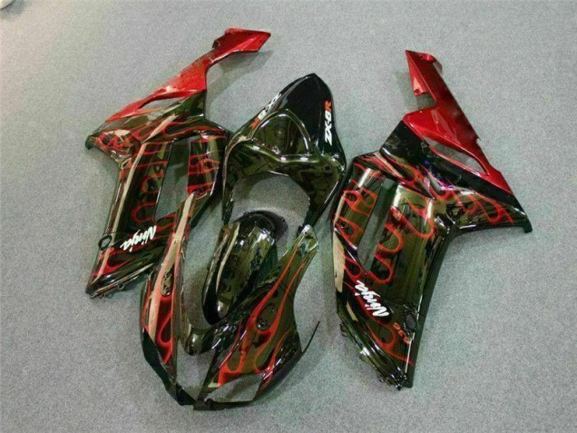 2007-2008 Black Red Flame Kawasaki ZX6R Motor Bike Fairings UK Factory
