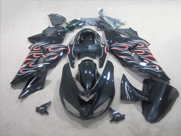 2006-2007 Black White Red Flame Kawasaki ZX10R Motorbike Fairing UK Factory 2006-2007 Black White Red Flame Kawasaki ZX10R Motorbike Fairing UK Factory