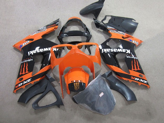 2003-2004 Black Orange Monster Kawasaki ZX6R Motorbike Fairings UK Factory 2003-2004 Black Orange Monster Kawasaki ZX6R Motorbike Fairings UK Factory