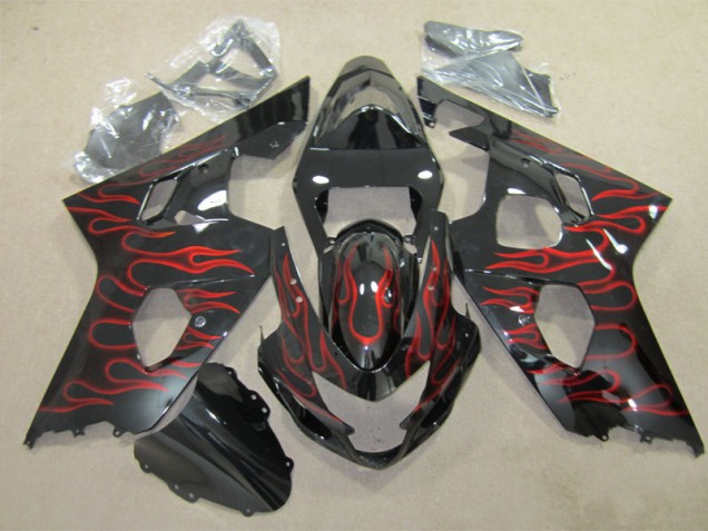 2004-2005 Black Red Flame Suzuki GSXR600 Replacement Fairings UK Factory 2004-2005 Black Red Flame Suzuki GSXR600 Replacement Fairings UK Factory