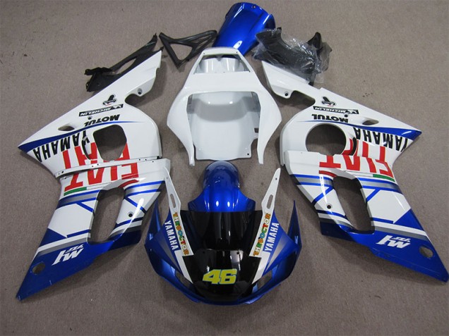 1998-2002 White Blue Fiat 46 Yamaha YZF R6 Motorcycle Fairings Kits UK Factory 1998-2002 White Blue Fiat 46 Yamaha YZF R6 Motorcycle Fairings Kits UK Factory
