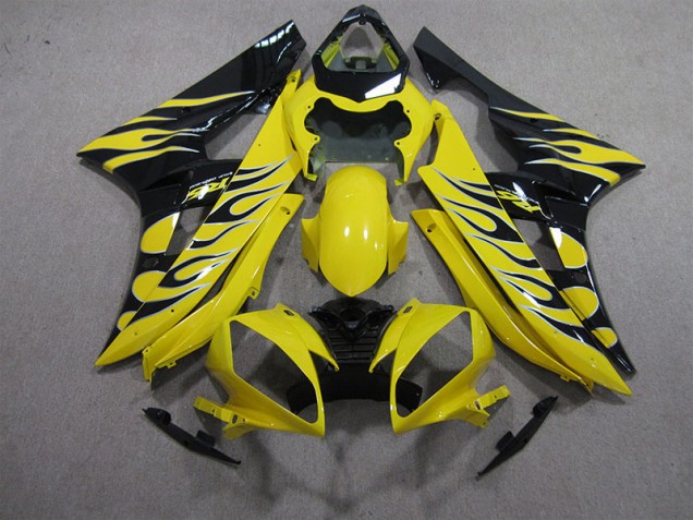 2006-2007 Yellow Black Flame Yamaha YZF R6 Motorbike Fairing Kits UK Factory 2006-2007 Yellow Black Flame Yamaha YZF R6 Motorbike Fairing Kits UK Factory
